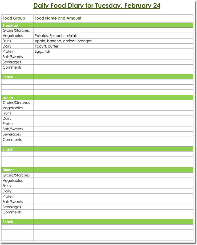 Daily Food Diary Template Word