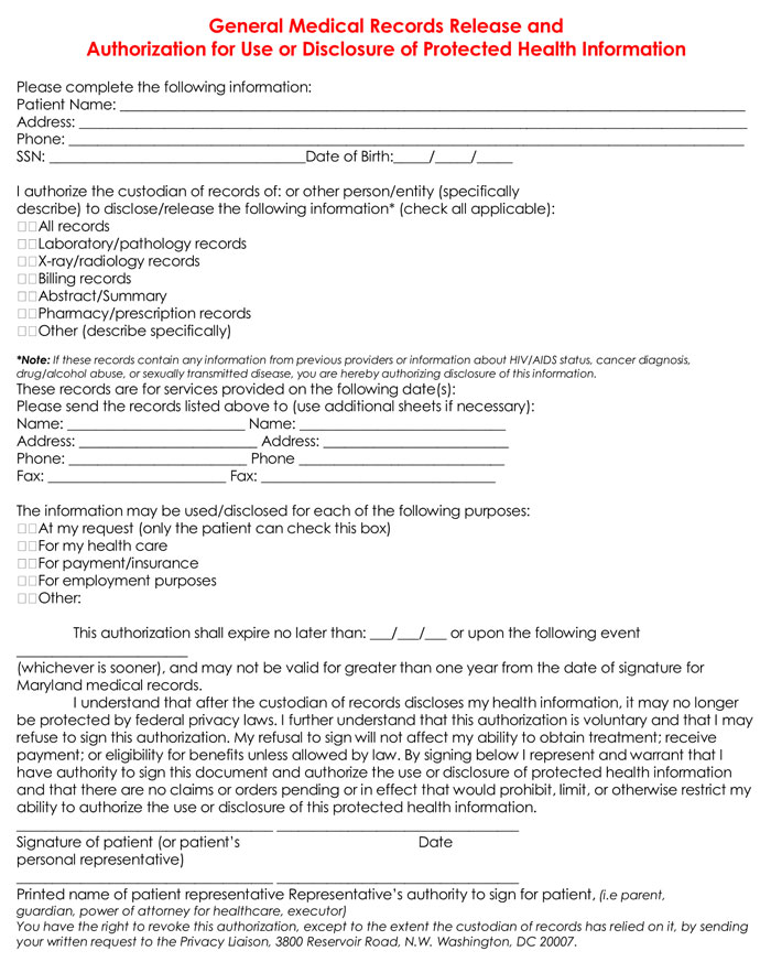 General Medical Records Release and Authorization Form for Use or Disclosure of protected Health Information