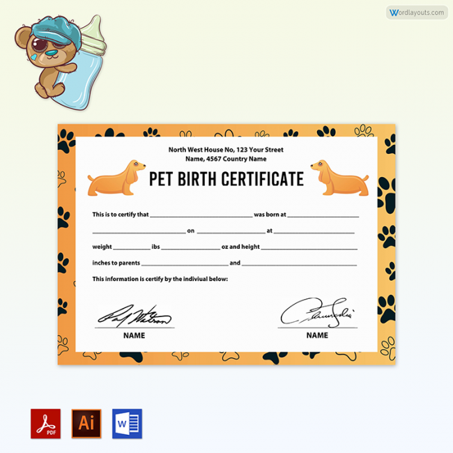 Pet Birth Certificate (with Golden Vector Dogs)