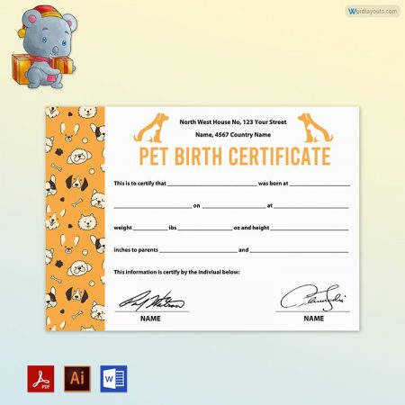Pet Birth Certificate (with Side Cat & Dog Vector)