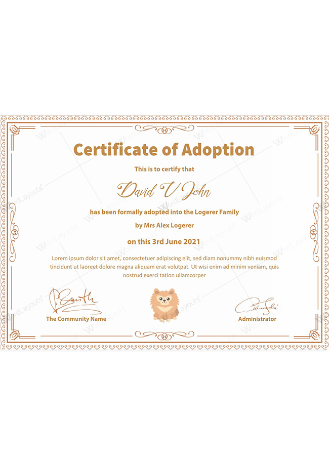 Pet Adoption Certificate (with Attractive Border)