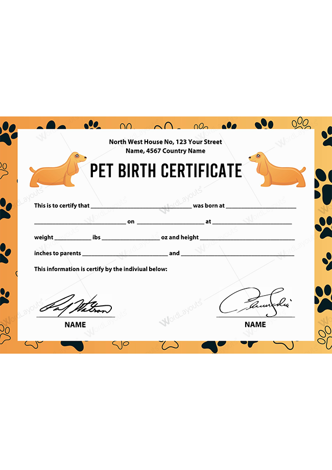 Pet Birth Certificate (with Golden Vector Dogs)