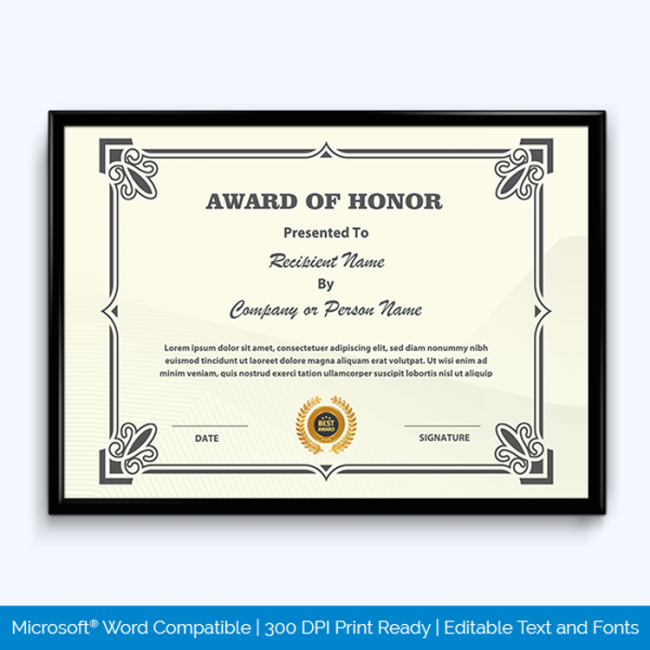 Award of Honor Certificate